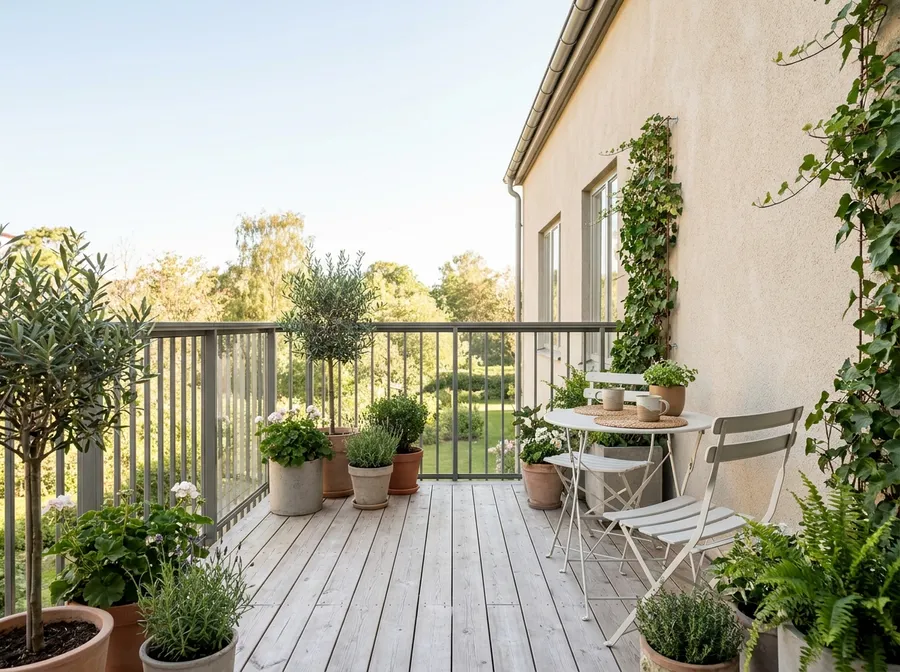 Balcon aménagé avec table, chaises et plantes
