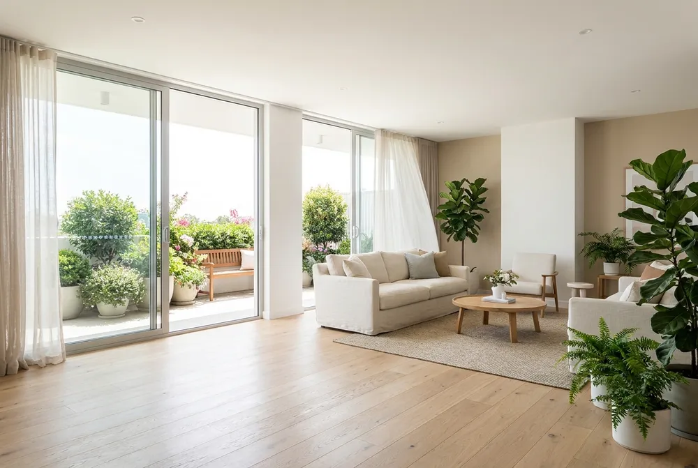 Séjour lumineux ouvert sur un balcon végétalisé